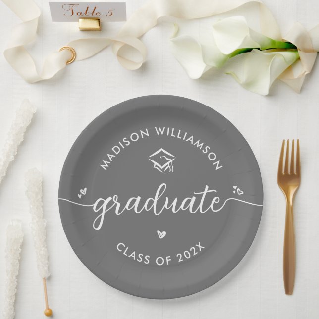 Grey Graduation White Script Hearts Cap Modern Fun Paper Plate (Wedding)