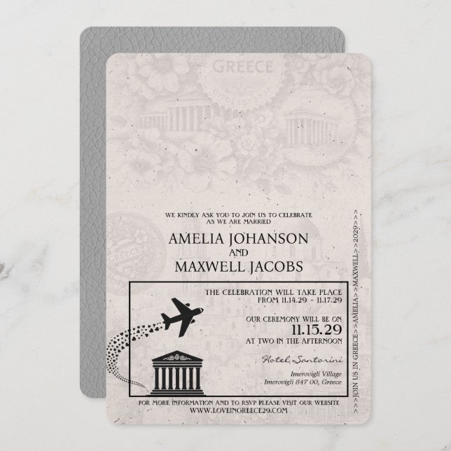 Grey Greece Passport Wedding Invitation (Front/Back)