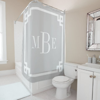 Grey Greek Key Border Monogram Shower Curtain