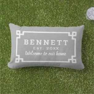 Grey Greek Key Custom Monogram Welcome Lumbar Cushion