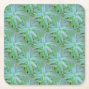 Grey Green Aloe Abstract Painting Square Paper Coaster