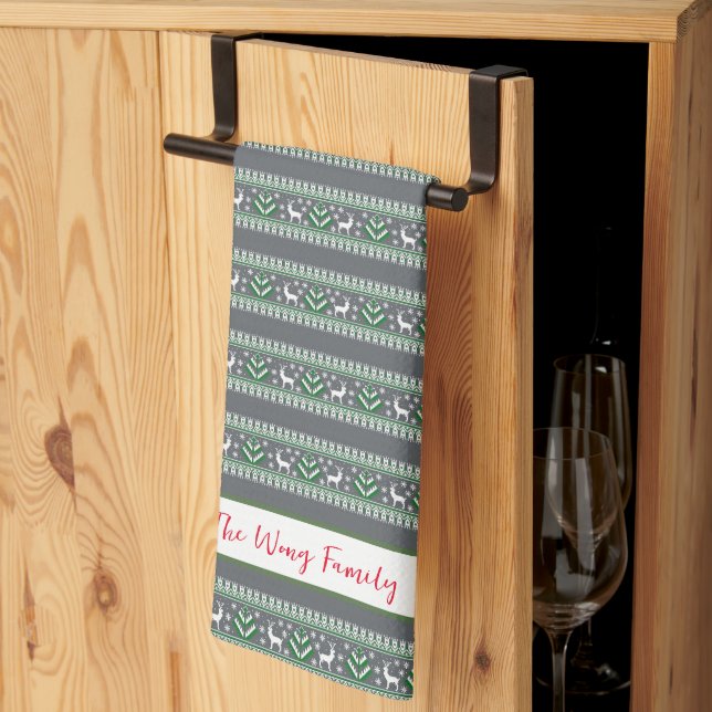 Grey Green and White Fair Isle Christmas Tea Towel (Thirds Fold)