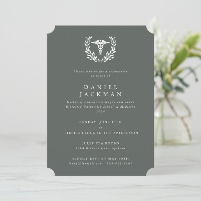Grey-Green Caduceus Medical School Graduation Invitation (Standing Front)