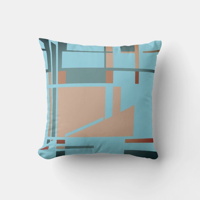 Grey-green Coral Rust Aqua  Geometric MCM Inspired Cushion (Front)