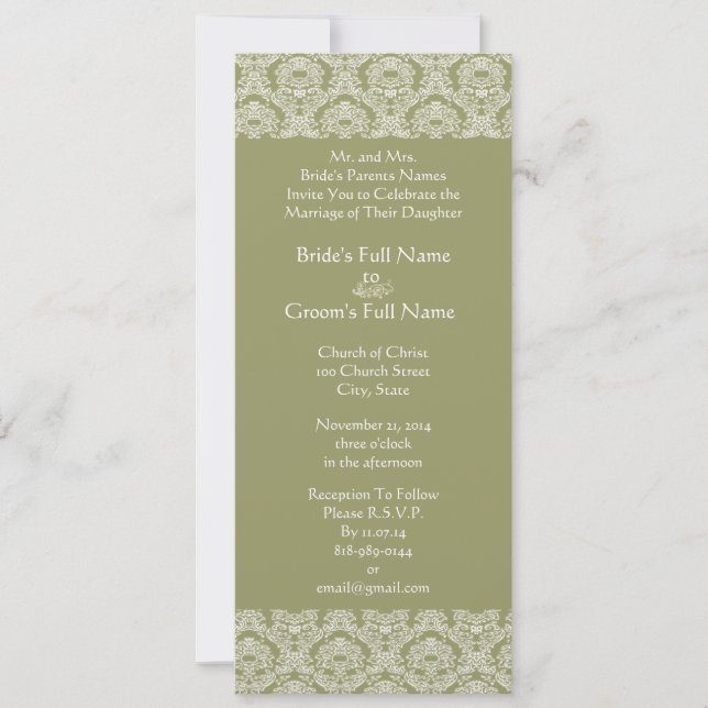 Grey Green Damask Swirls Wedding Invitation (Front)