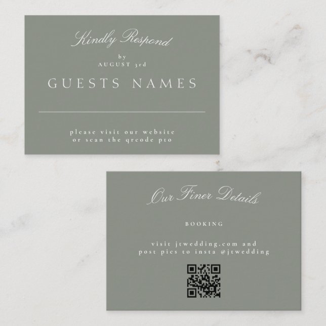 Grey Green Elegant Classic Wedding QR CODE RSVP Card (Front/Back)