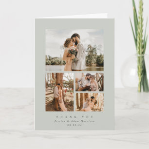 Grey-Green Elegant Minimal 4 Photo Wedding Thank You Card