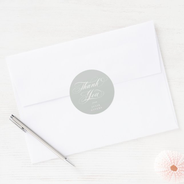 Grey Green Elegant Script Graduation Thank You Classic Round Sticker (Envelope)