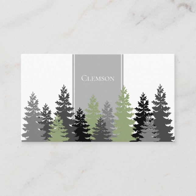 Grey Green Evergreen Trees Elegant Professional Business Card (Front)