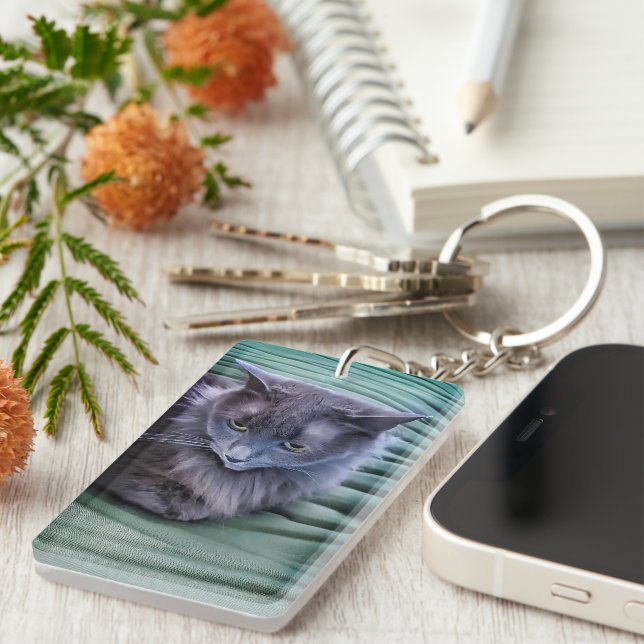 Grey Green Eyed Cat Acrylic Keychain (Front Right)