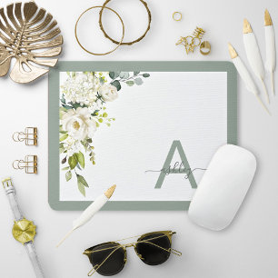 Grey Green Floral Script Monogram Initial Name Mouse Pad