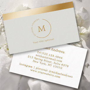 Grey-Green Gold Stripe Monogramm Circle Business Card
