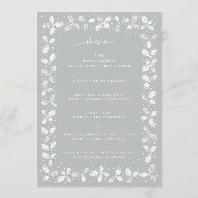 Grey-Green Hand Printed Holly+Berries Christmas Menu (Front)
