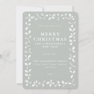 Grey-Green Hand Printed Holly Holiday Card
