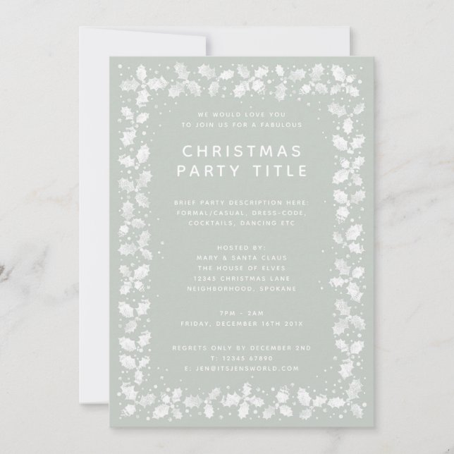 Grey Green Holly Leaf Border Christmas Party Invitation (Front)