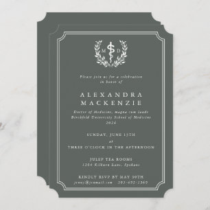Grey-Green MD Asclepius + Laurel Wreath Graduation Invitation