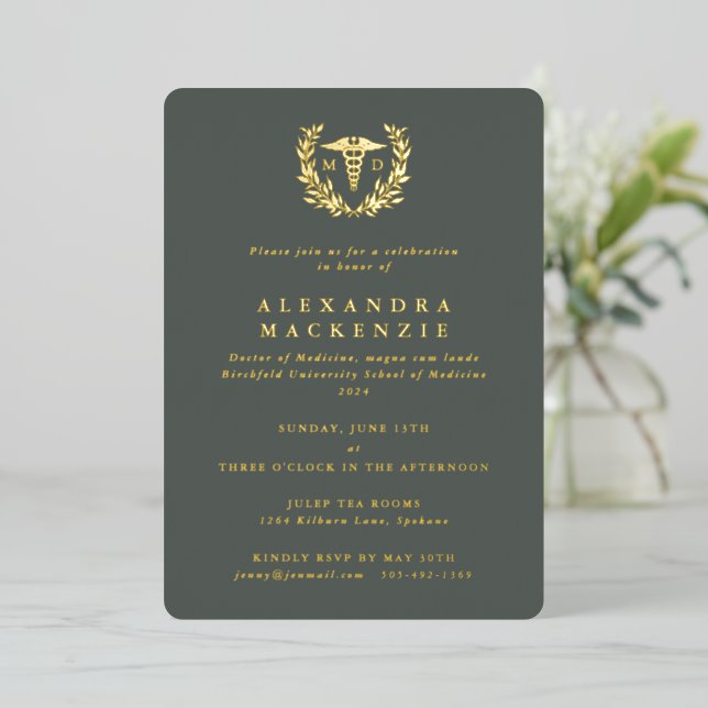 Grey-Green MD Caduceus+Laurel Wreath Graduation (Standing Front)