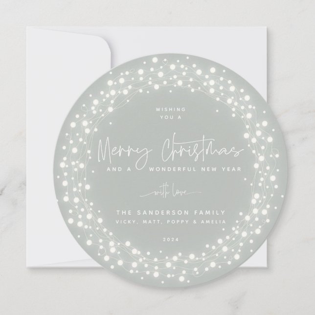 Grey-Green Merry Christmas Script Sparkling Lights Holiday Card (Front)