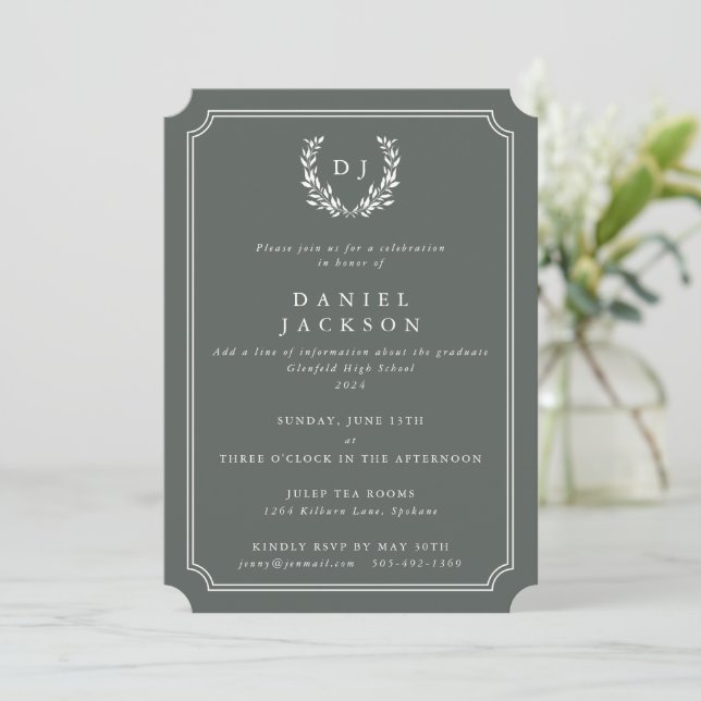 Grey-Green Monogram Laurel Wreath Graduation Invitation (Standing Front)