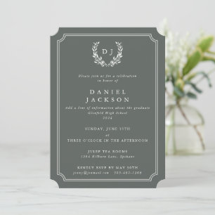 Grey-Green Monogram Laurel Wreath Graduation Invitation