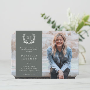 Grey-Green Monogram Laurel Wreath Graduation Photo Announcement