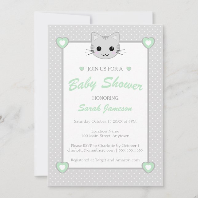 Grey Green Neutral Cute  Kawaii Cat Baby Shower Invitation (Front)