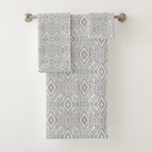 Grey, green, pink rhombuses on a white bath towel set