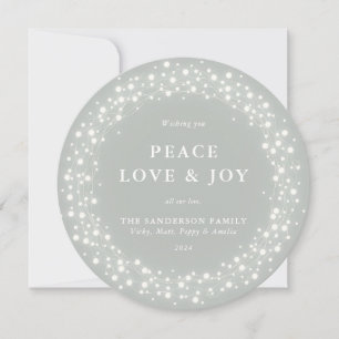 Grey-Green Round Sparkling Lights Peace Love + Joy Holiday Card