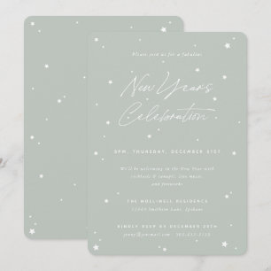 Grey Green Script Scattered Stars New Year' Party Invitation