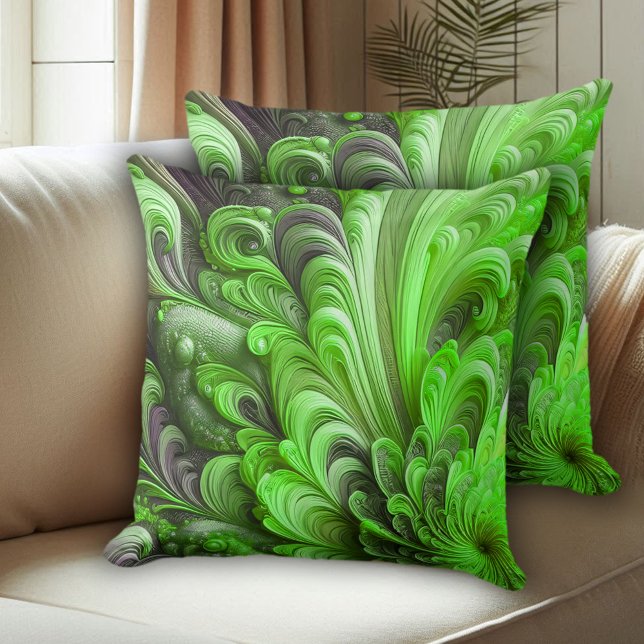 Grey & Green Sculpted Floral & Feather Pattern Cushion (Grey and Green Sculpted Floral and Feathered Pattern Throw Pillows Cover Photo 1)