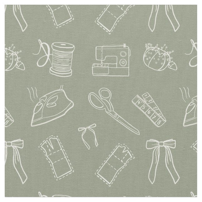 Grey Green Sewing Themed Pattern Fabric (Close Up)