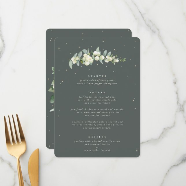 Grey Green Snowberry+Eucalyptus 3 Course Wedding Menu (Front/Back In Situ)