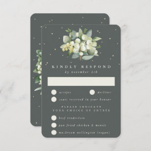 Grey Green Snowberry+Eucalyptus Bouquet Wedding RSVP Card