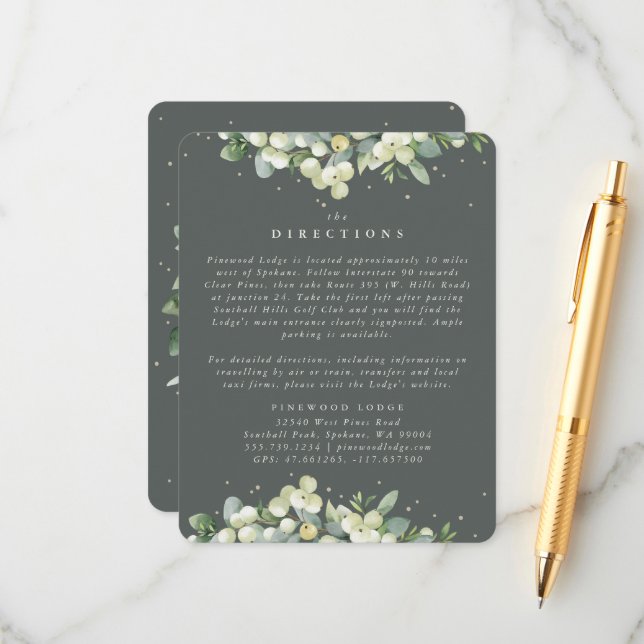Grey Green Snowberry+Eucalyptus Edged Directions Enclosure Card (Front/Back In Situ)