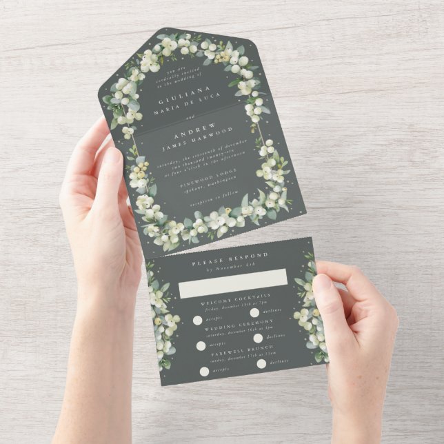 Grey Green Snowberry + Eucalyptus Wedding All In One Invitation (Tearaway)
