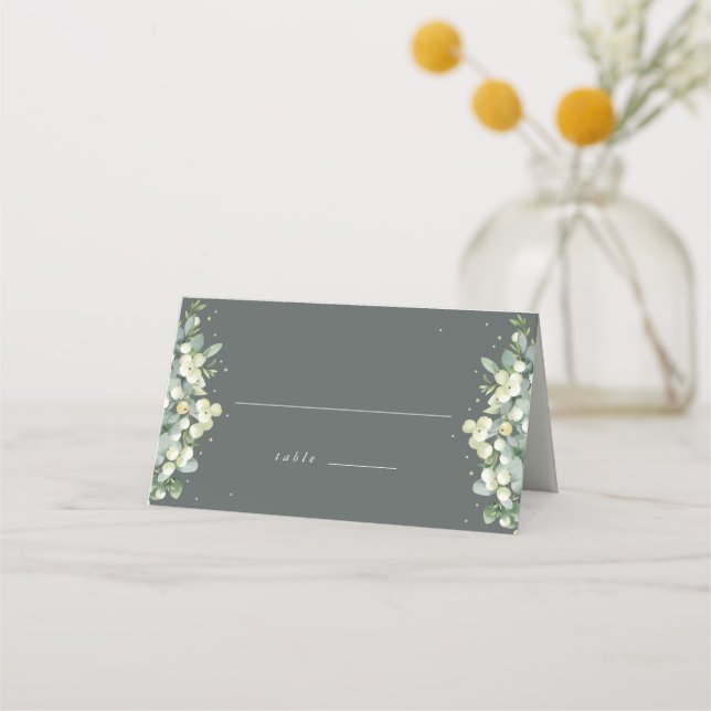 Grey Green Snowberry+Eucalyptus Wedding Place Card (Front)