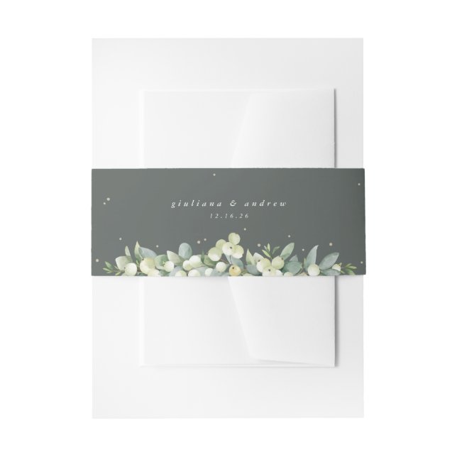 Grey Green Snowberry+Eucalyptus Wedding Portrait Invitation Belly Band (Front Example)