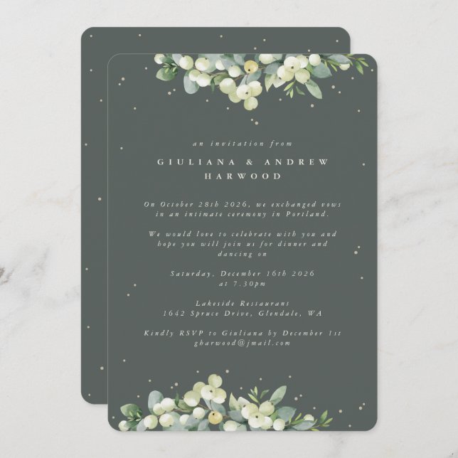 Grey Green Snowberry+Eucalyptus Wedding Reception Invitation (Front/Back)