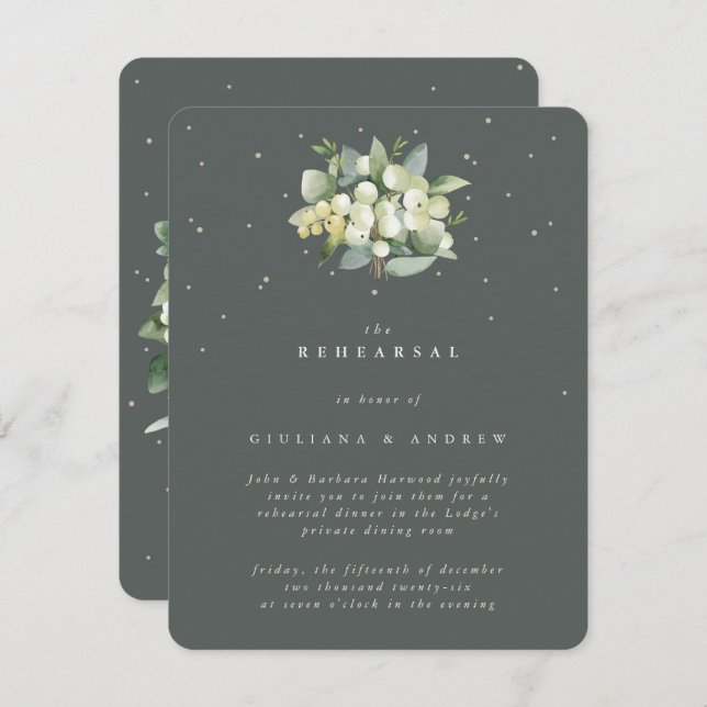 Grey Green Snowberry+Eucalyptus Wedding Rehearsal Enclosure Card (Front/Back)