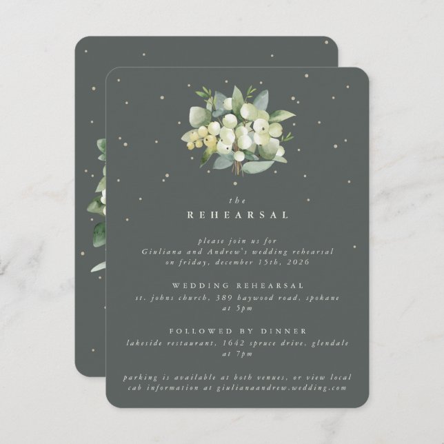 Grey Green Snowberry+Eucalyptus Wedding Rehearsal Enclosure Card (Front/Back)