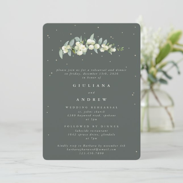 Grey Green Snowberry+Eucalyptus Wedding Rehearsal Invitation (Standing Front)