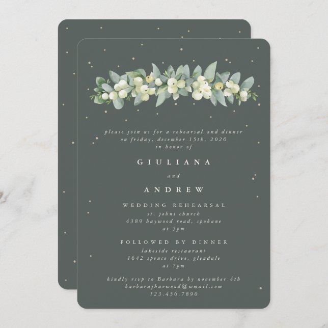 Grey Green Snowberry+Eucalyptus Wedding Rehearsal Invitation (Front/Back)