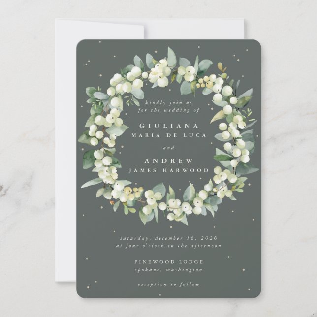 Grey Green Snowberry+Eucalyptus Wreath Wedding Invitation (Front)