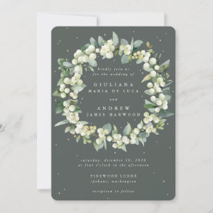 Grey Green Snowberry+Eucalyptus Wreath Wedding Invitation