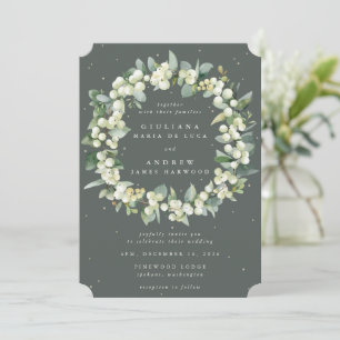 Grey Green Snowberry+Eucalyptus Wreath Wedding Invitation
