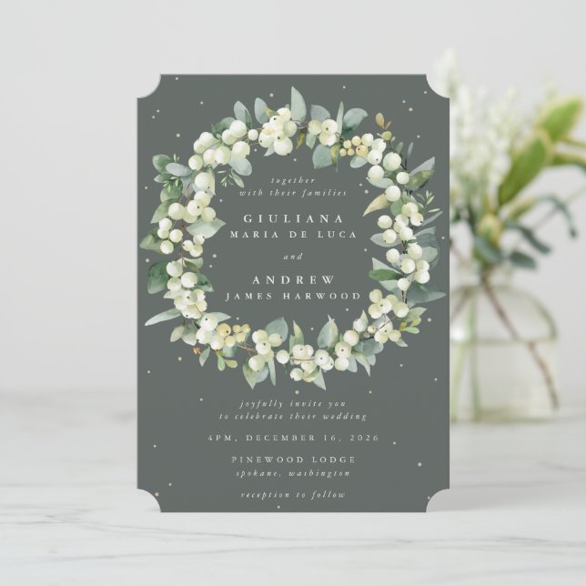 Grey Green Snowberry+Eucalyptus Wreath Wedding Invitation (Standing Front)
