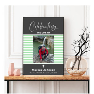 Grey Green Stripes Celebrating the life Funeral Poster