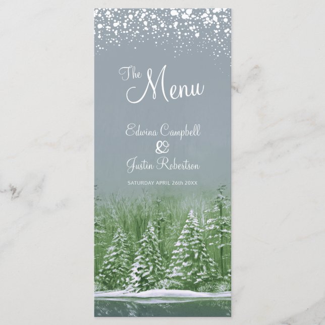 Grey green trees painted winter wedding menu (Front)