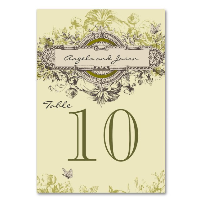 Grey Green Vintage Wedding Table Number Card (Front)
