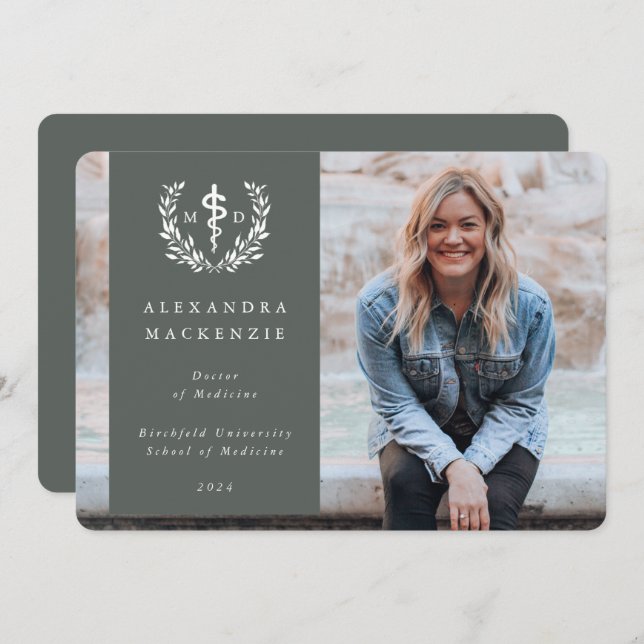 Grey-Green/White MD Asclepius Graduation Photo Announcement (Front/Back)